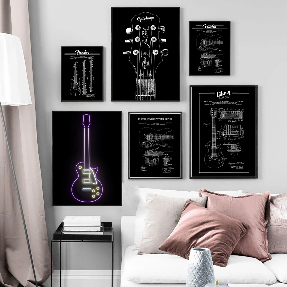 Холщовая живопись Gibson Les Paul Guitar в стиле ретро патентный план настенный