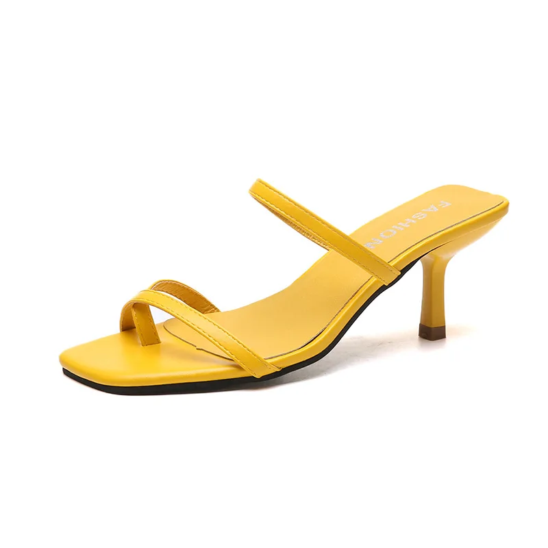 

2021 White High Heels Sexy Summer Sandals Narrow Band Heel Cansual Woman Slides Concise Shoe Ladies Pumps Party Yellow Slippers