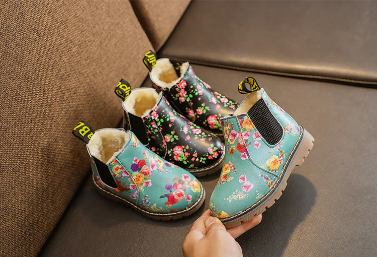 Ботильоны; Детские Плюшевые кроссовки из искусственной кожи для малышей; ботинки на молнии с цветочным принтом для мальчиков и девочек; повседневные зимние ботинки из водонепроницаемого материала