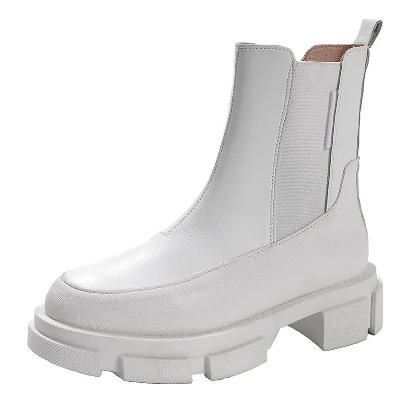 

2021 New Ankle Boots for Women Thick Bottom Round Toe Genuine Leather Boots Black White All-match Botas Feminina Platform Shoes