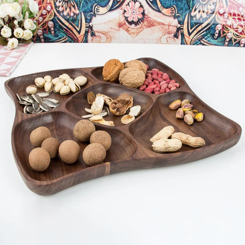 

Multi Grid Storage Tray Display Plates Fish Shape Solid Wood Food Pan Plate Fruit Snack Dishes Pots Base Dinner Plate Tableware