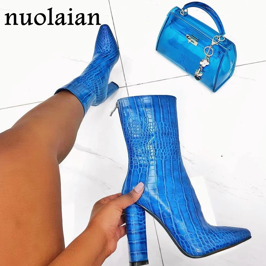 

Women's Blue Patent Leather Boots Woman 10.5CM High Heel Shoes Ankle Boots Lady Winter Fur Boot Snow Shoe