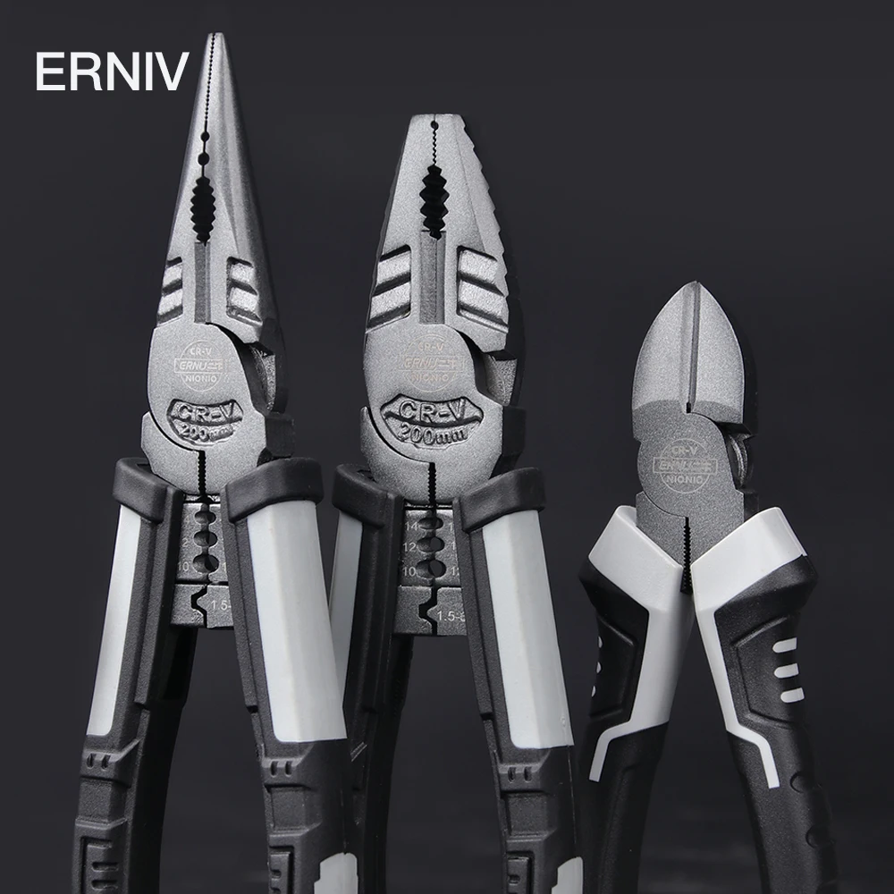 ERNIV Cutting Pliers Set Wire Stripping Crimping Tool Cable Cutter Stripper Long Nose Diagonal CR-V Clamp Multitools Repair | Инструменты
