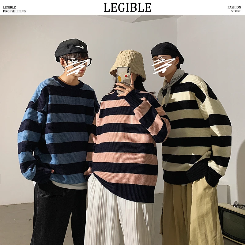 

LEGIBLE Striped Men Sweaters 2020 Autumn Korean Style Men's Pullovers Harajuku Streetwear Male Clothing Couple Sweater