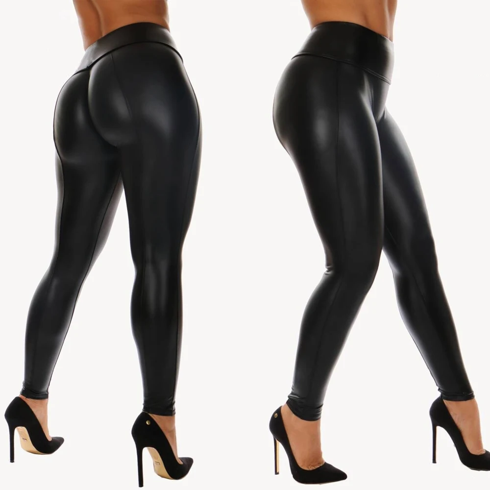 

2021 Newest Black PU Legging Shiny Bling Faux Patent Leather Stretch Elastic Leggings High Waist Pants Slim Trousers