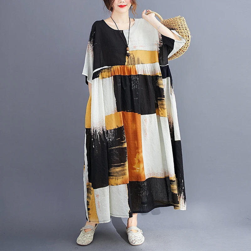 Женское длинное платье с круглым вырезом коротким рукавом | Женская одежда