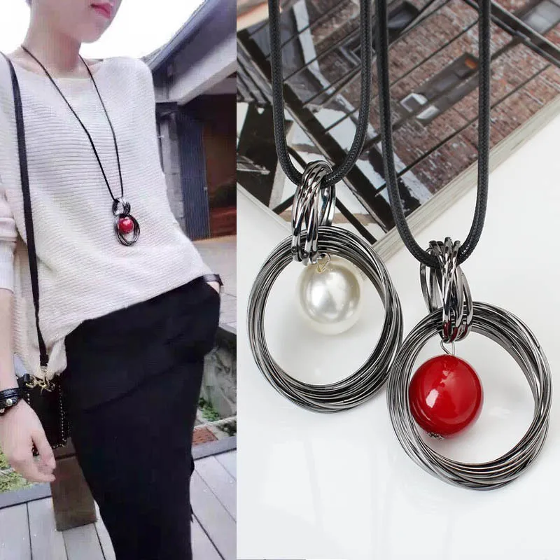 

Double ring pearl necklace simple long tassel versatile autumn and winter sweater chain necklaces for women Jewelry wholesale