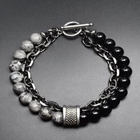 new 2021 black white stone mens bracelets double chain link stainless steel beaded bracelets bangle male jewelry