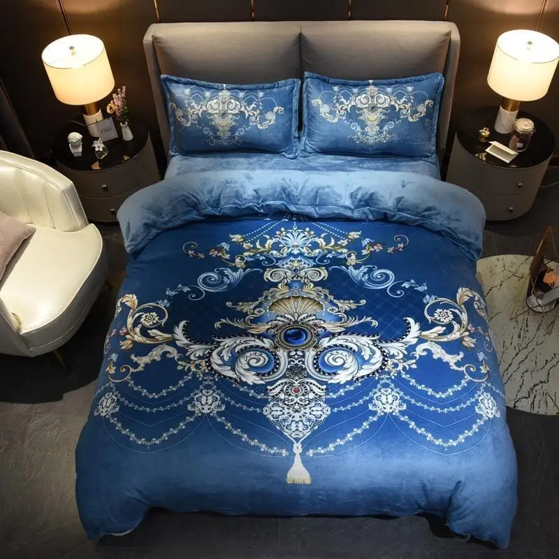 

47Blue Color Diamond printed Duvet Cover Set Fleece Warm Ultra Soft Flowers Bedding Set for Winter Bed sheet set King Queen size