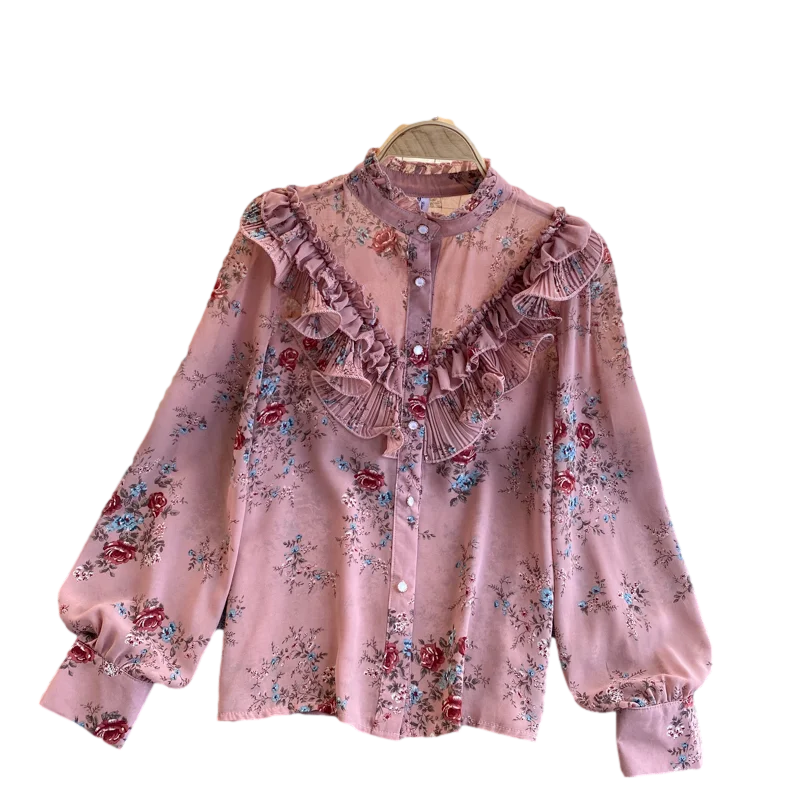 

2021 New Style Chiffon Puff Sleeve Shirt Women's Spring Clothes Female Sweet Fungus Blusa Pressed Floral Bluose C219