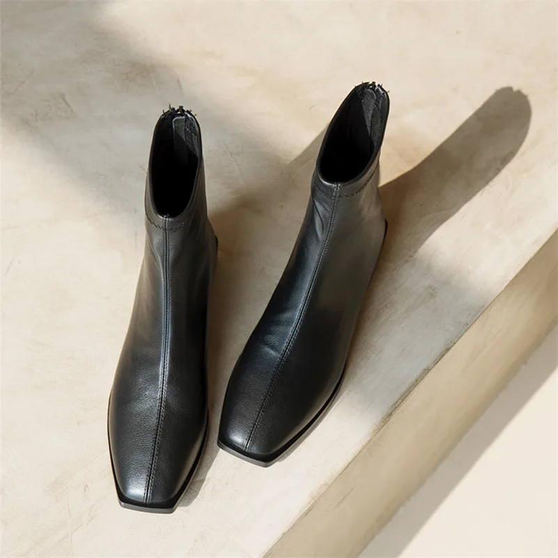 

Meotina Ankle Boots Women Shoes Real Leather Low Heels Short Boots Zipper Square Toe Chunky Heels Female Boots Autumn Winter 40
