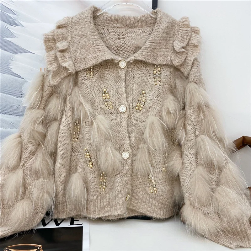 

2022 весенний Повседневный вязаный кардиган женский свитер с отложным воротником с меховой отделкой размера плюс Pull Femme