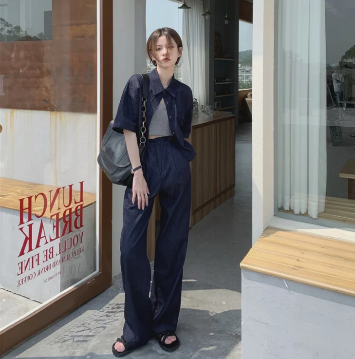 Женская летняя тонкая джинсовая короткая рубашка с высокой талией модные