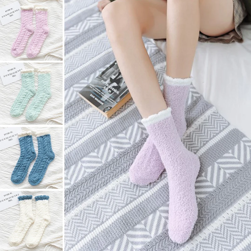 

1pair Warm Fluffy Socks Breathable Cute Soft Elastic Cotton Thickening Cashmere Indoor Floor Towel Socks