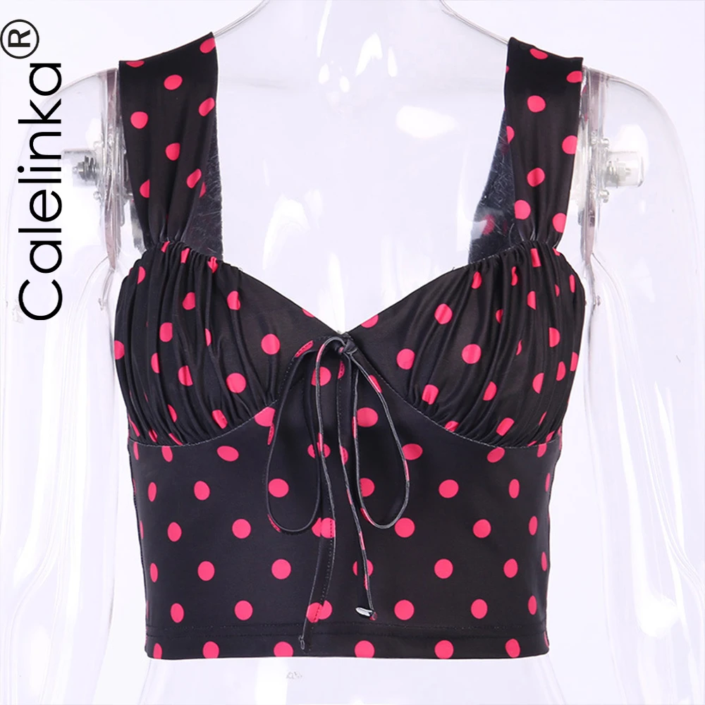 

Calelinka Sexy Crop Tank Top Women Sleeveless Summer Fashion Polka Dot Pleated Bow Slim V-neck Backless Party Tank Tops Female