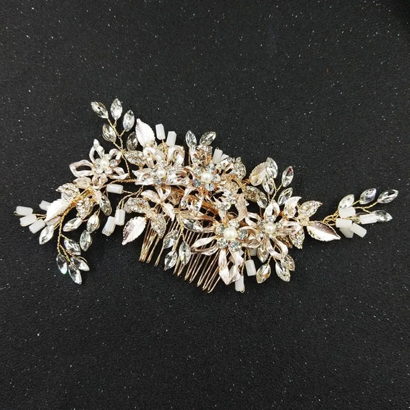 

Wedding Hair Ornament Hair Comb For Bridal Floral Crystal Women Side Headpiece Gold Hair Combs Princess Prom Accessories