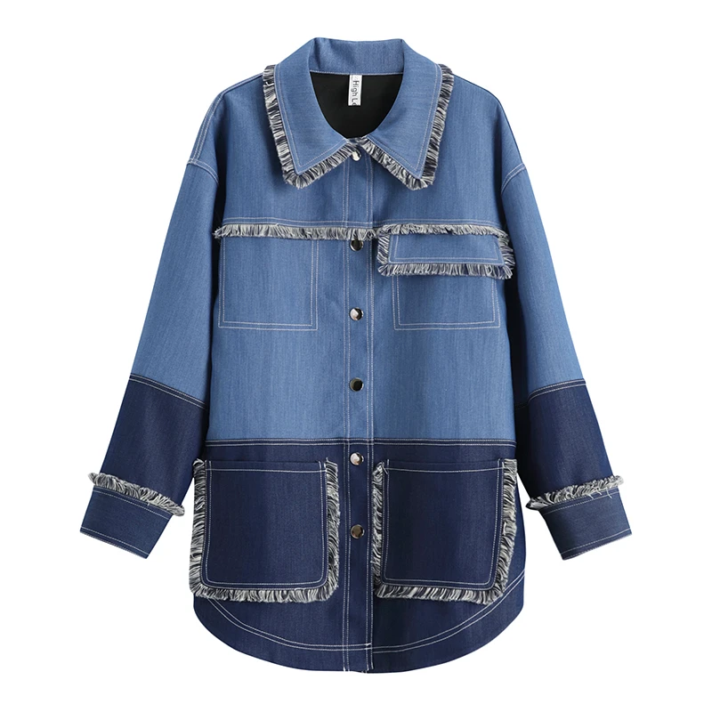 Tassel jean coat women temperament Spliced Long-sleeved Denim Jacket Casual Fashion Loose Plus Woman Coat 2020 Spring New NZY109 |