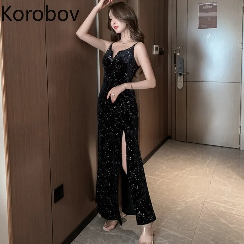 Korobov винтажное женское платье на бретелях спагетти корейские пикантные черные