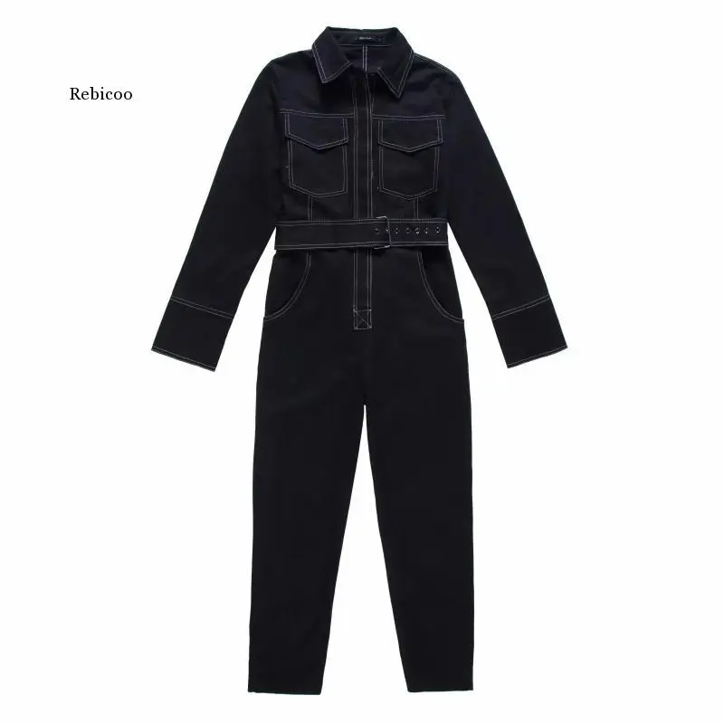 

Sexy Women's Denim Jumpsuit Women's One-Piece Long-Sleeved Belt Black Winter Autumn Jeans Jumpsuit Women