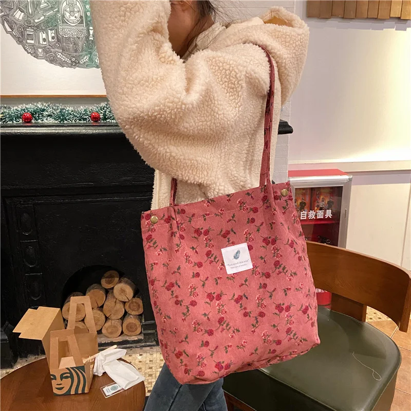 

Corduroy Tote Bags for Women 2021 Canvas Lady Shopper with Print Large Handbag Cotton Cloth Eco Cute Shoulder Woman Shopping Bag