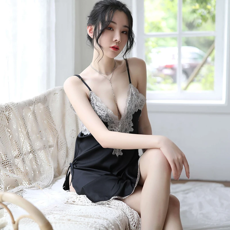 Ночная рубашка OMYSKY шелковое кружевное белье Короткое мини с открытой спиной