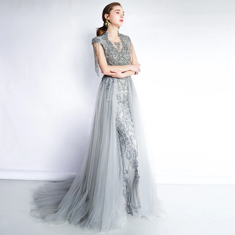 vestido de festa серое длинное платье для выпускного вечера es вечерние платья с высоким вырезом Женская официальная Аппликация из бисера Русалка платья для выпускного вечера