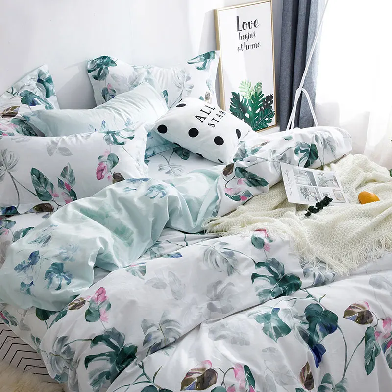 Tropical Rainforest Banana Leaf Design Washed Cotton Bedding Set Nordic Simple Duvet Cover Pillowcase Home Bedroom Living | Дом и сад