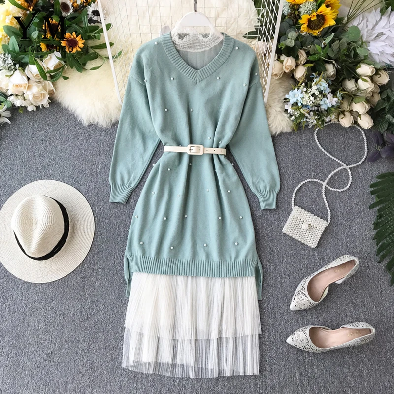 Женский комплект из двух предметов YuooMuoo элегантное вязаное длинное кружевное