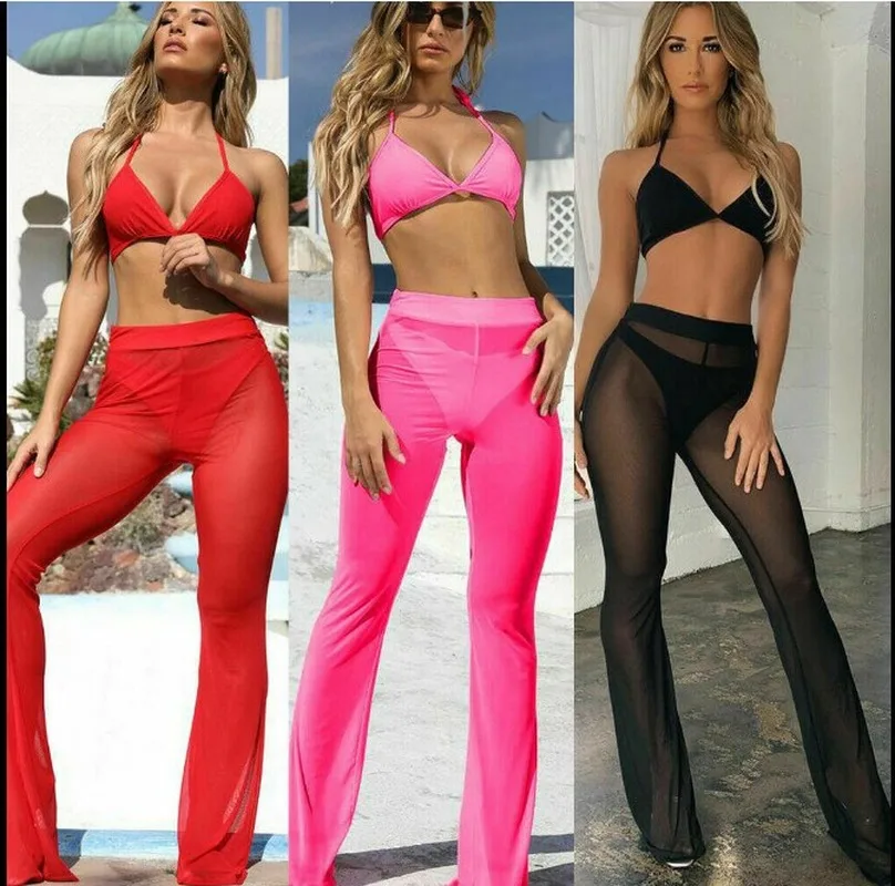 

Bikini Cover-ups Solid 4 Colors Swimsuit Swimwear Covers Womens Casual Beach Pants Sexy Mesh Wide-leg Flared Bikini Cover Up