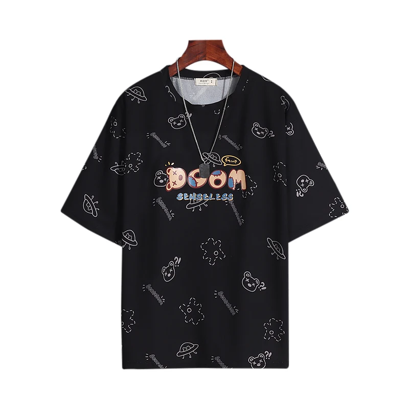 

Korean Fashion Casual Sportswear Sets Trendy Brand Hip-hop Men's Clothing Cartoon Print T-shirt Black Overalls Two Piece Suit