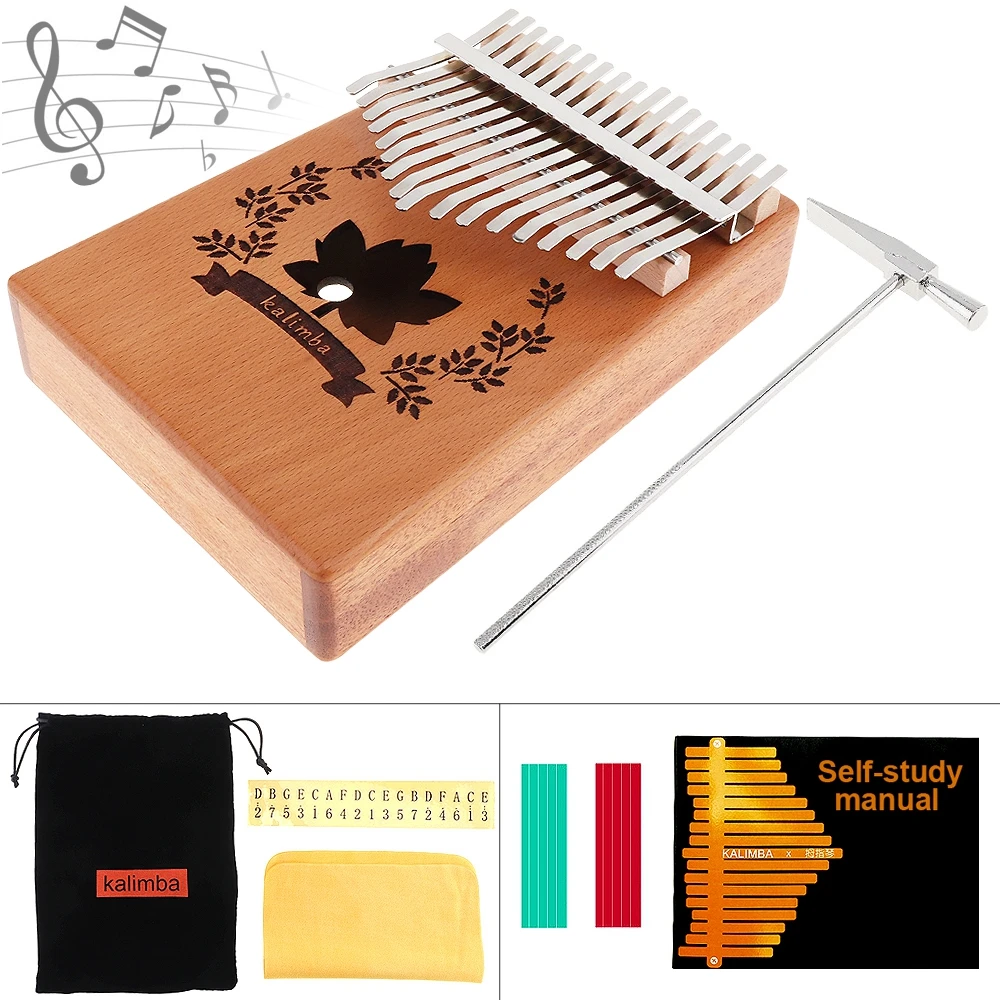 

17 Key Kalimba Mahogany Thumb Piano with Maple Leaf Sound Hole Mbira Natural Mini Keyboard Instrument with Accessories