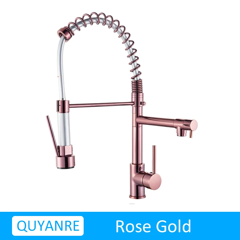 ROSE GOLD Quyanre Матовый никель черный кухонный кран выдвижной спрей двойная функция поток воды поворотный Носик Одной ручкой смеситель раковина - Цвет: ROSE GOLD