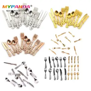 Мини-кукольный домик, 1:12, 12 шт., винтажная миниатюрная посуда, столовые приборы, металлический золотой и серебристый нож, вилка, ложка, кухня мебель для еды, игрушки