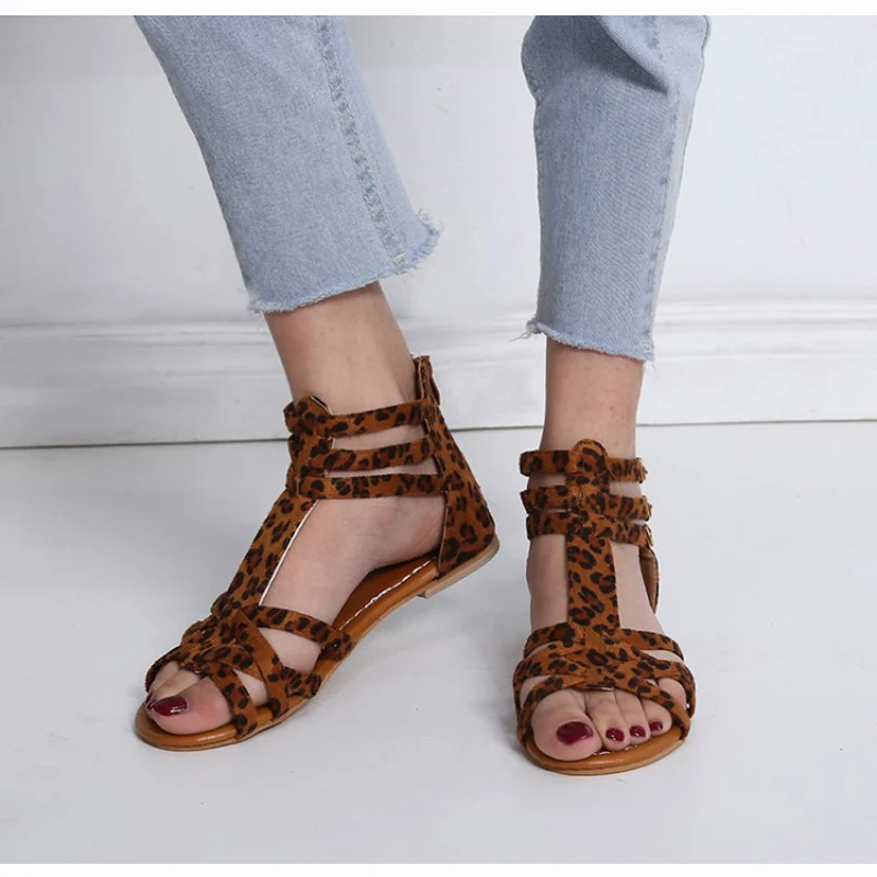 Женские сандалии в римском стиле Леопардовые женские сандалии-гладиаторы с