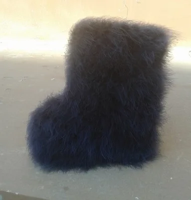 Dark Blue Женские Настоящий Страус меховые сапоги до середины икры теплые зимние сапоги на плоской подошве с круглым носком, цветная обувь 11 цветов, большие размеры, новые роскошные - Цвет: Dark Blue