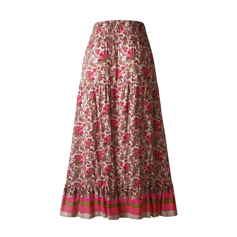

2 Pcs Boho Print Long Skirts Women Bottoms Elastic Waist Gypsy Ethnic Ladies Skirt M Size, Red & Blue