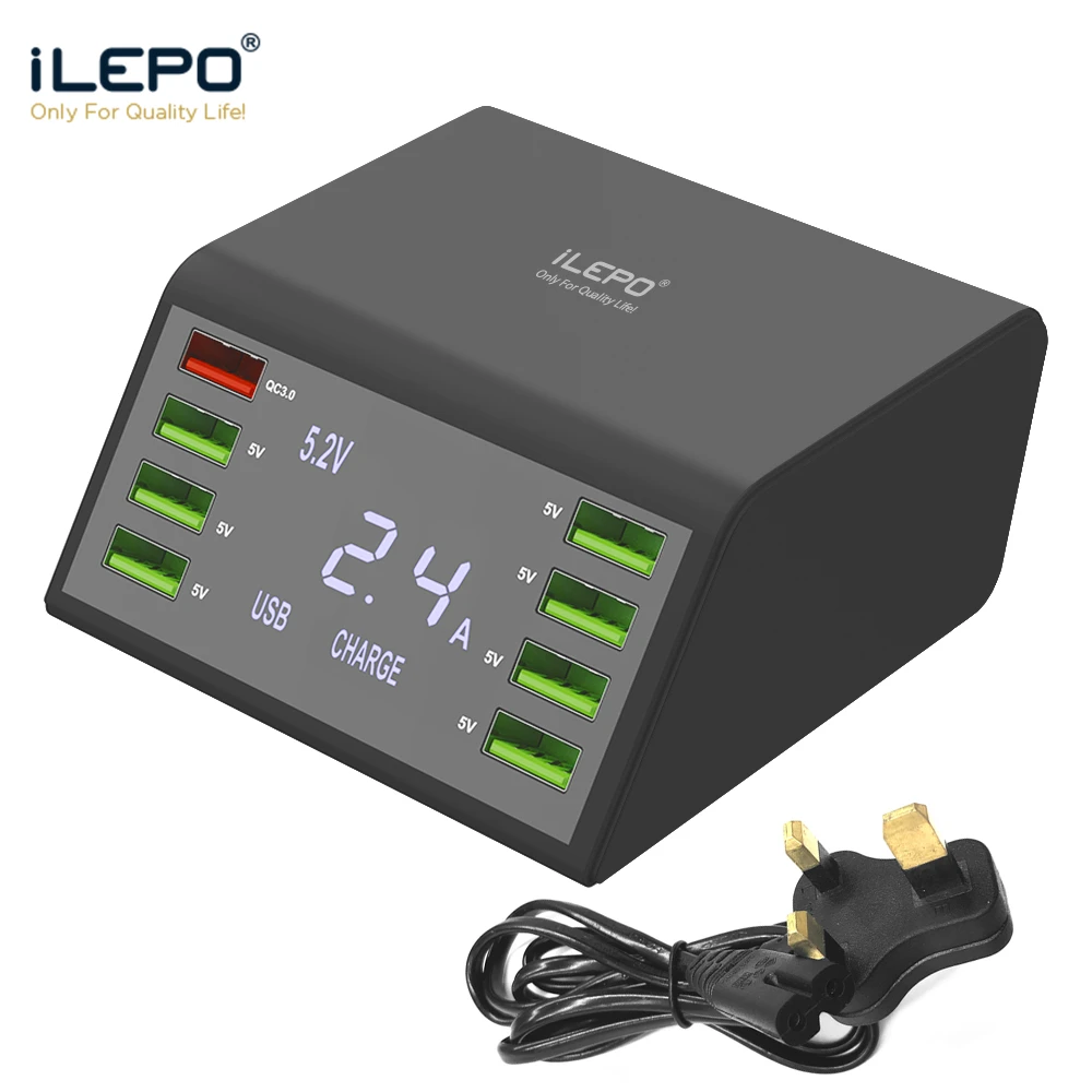

iLEPO 60W 8 Ports USB Charger LCD QC3.0 USB Charging Station Quick Charge Fast Charger For iPhone 11 Pro Max XS XR Samsung S10