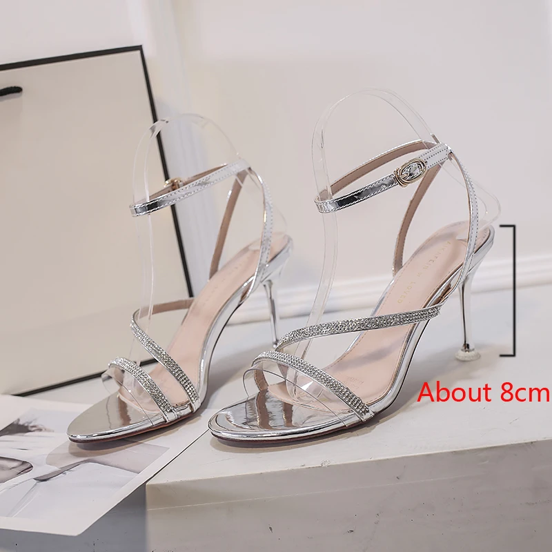 silver High heel sandals bandage rhinestone ankle strap women pump high heels 8 cm stiletto 2020 ladies shoes | Обувь