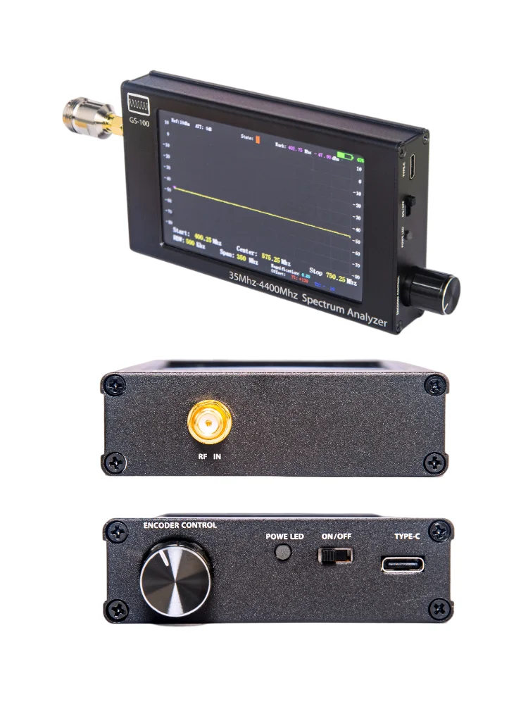 GS100 35MHz-4400MHz TFT LCD Display Screen Handheld Spectrum Analyzer Aluminum Housing Multifunction Utility Tool |