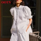 Женская однобортная блузка OOTN, Повседневная белая блузка с коротким рукавом и оборками, элегантная хлопковая блузка на лето