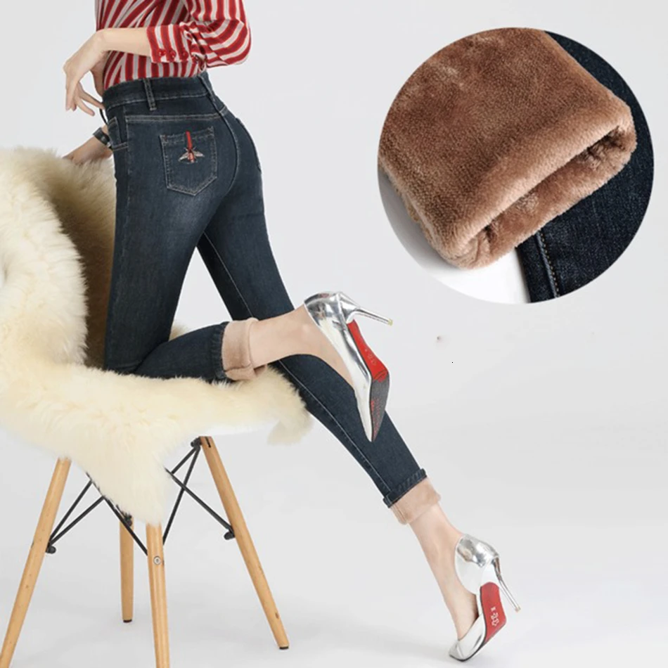 

AudWhale зима вышивка теплые джинсы для женщин Высокая талия эластичные женские бархатные джинсы скинни, карандаш джинсовые брюки