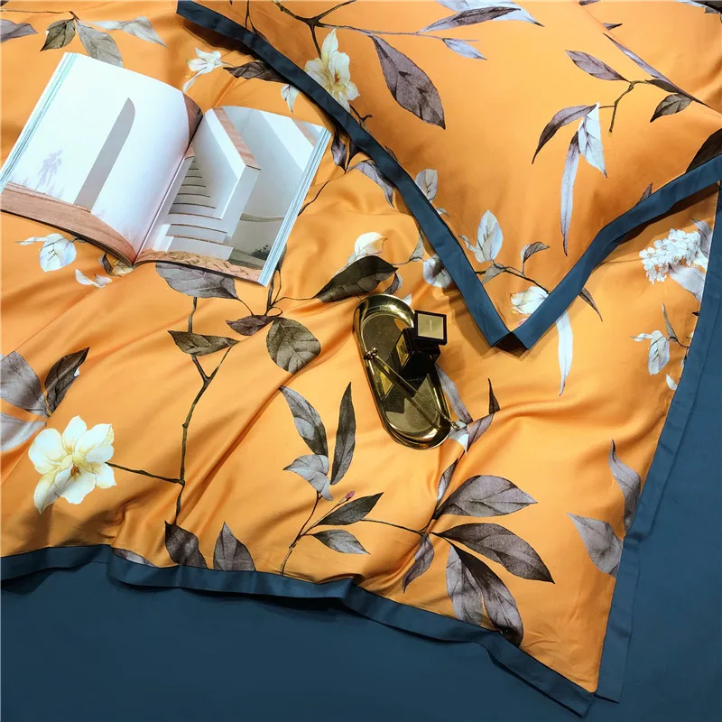 

Luxury Egyptian cotton bedsheet yellow blue leaves print pastoral duvet cover bed linen flat sheets queen king size hometexitle