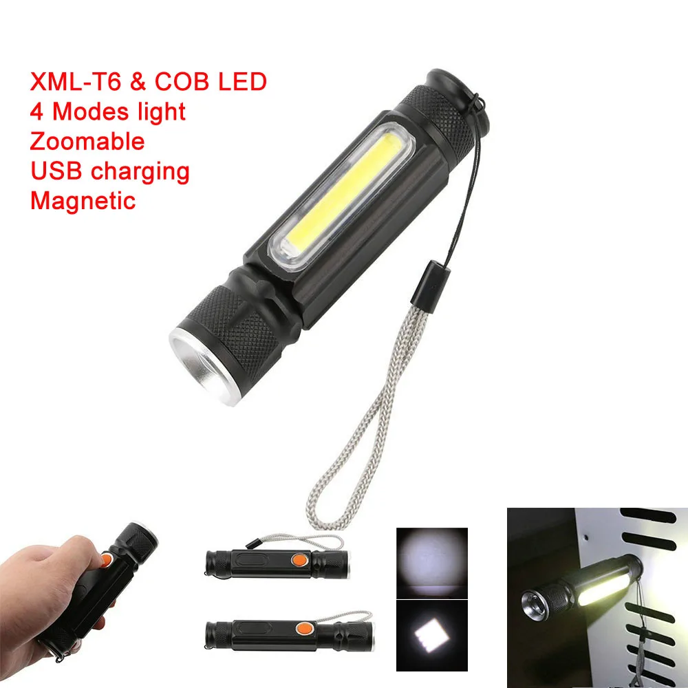 LED Magnet USB Charger Flashlight CREE T6 COB Waterproof Zoomable Tactical Torch Flash Light Work Light Use 18650 Rechargeable
