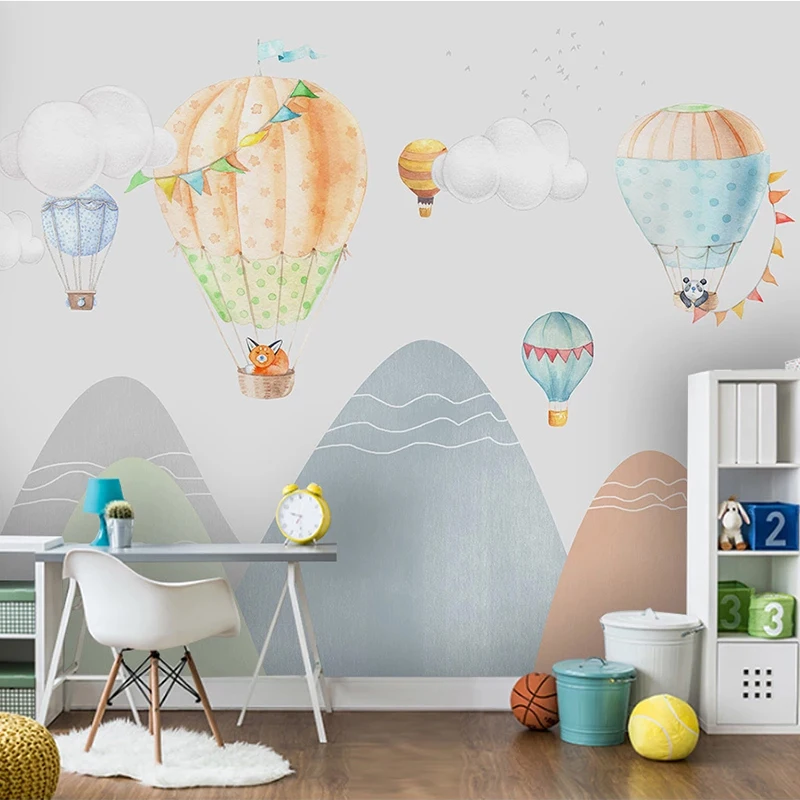 

Custom Self-Adhesive Wallpaper Modern Hand-Painted Children's Room Hot Air Balloon Catoon Mural 3D Waterproof Background Sticker