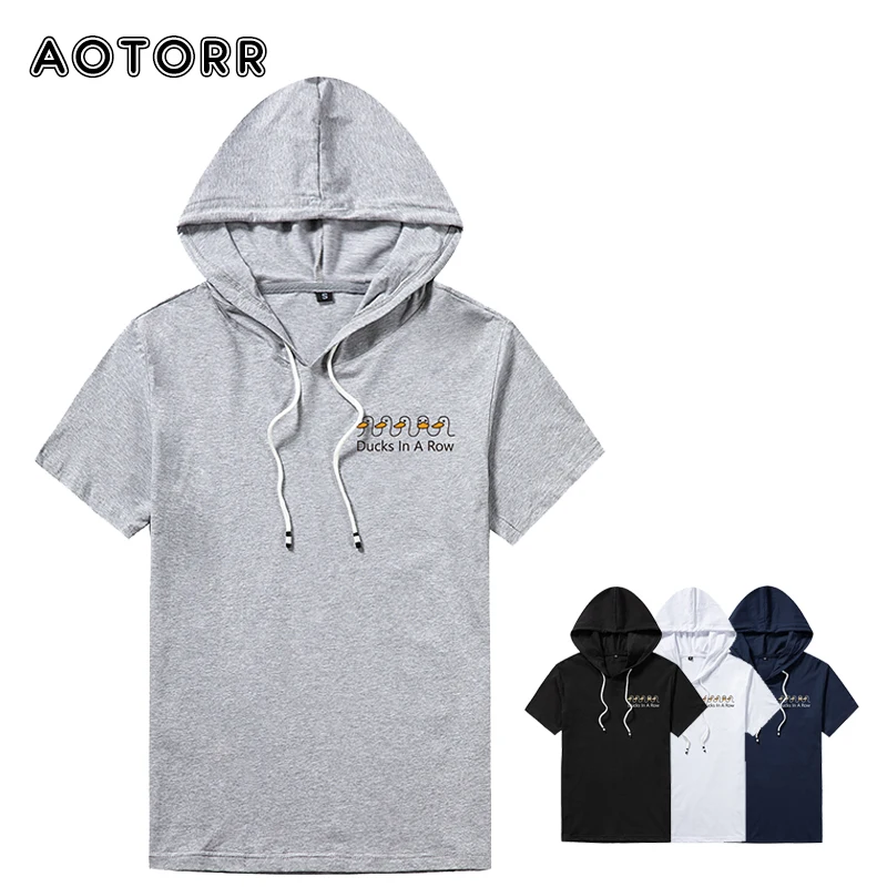

Cute Men Hooded T-shirts Hip Hop Summer Short Sleeve T Shirt Cotton Loose Male Tops Casual Duck Printed Streetwear Harajuku Tees
