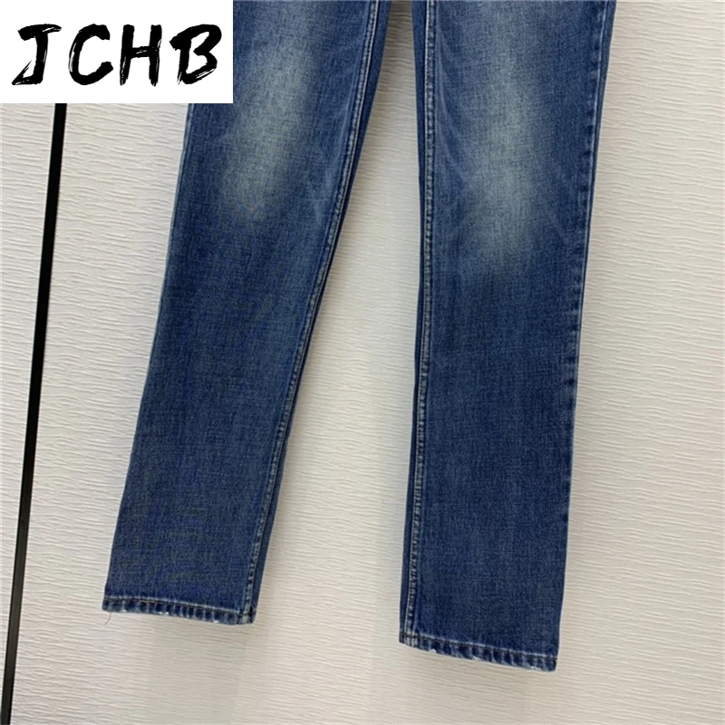 Straight Trends Fashion Women 2021 New Metal Decorative High Waist Slim Casual Cotton Office Lady Washed Jeans Pants