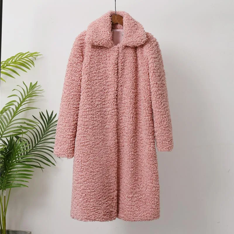 Pink ZADORIN/зимняя теплая длинная розовая шуба с отложным воротником из овечьей шерсти и искусственного шубы из меха женская верхняя одежда больших размеров - Цвет: Pink