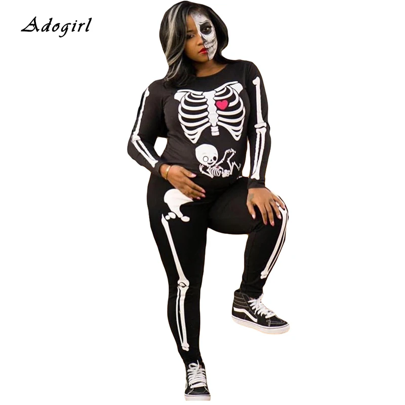 Женский комбинезон со скелетом человека черный облегающий с круглым вырезом для