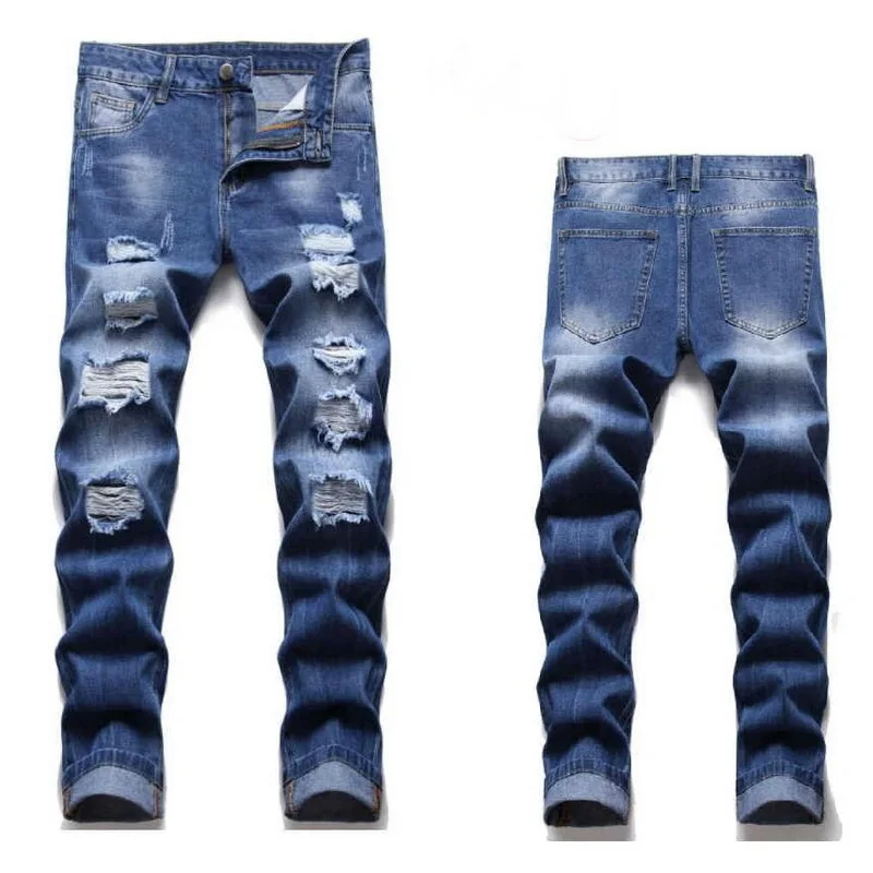 Men Jeans Patchwork Slim Multicolor Skinny Jeans Streetwear Ripped Stretch Denim Pants Holes Trousers Multiple Styles