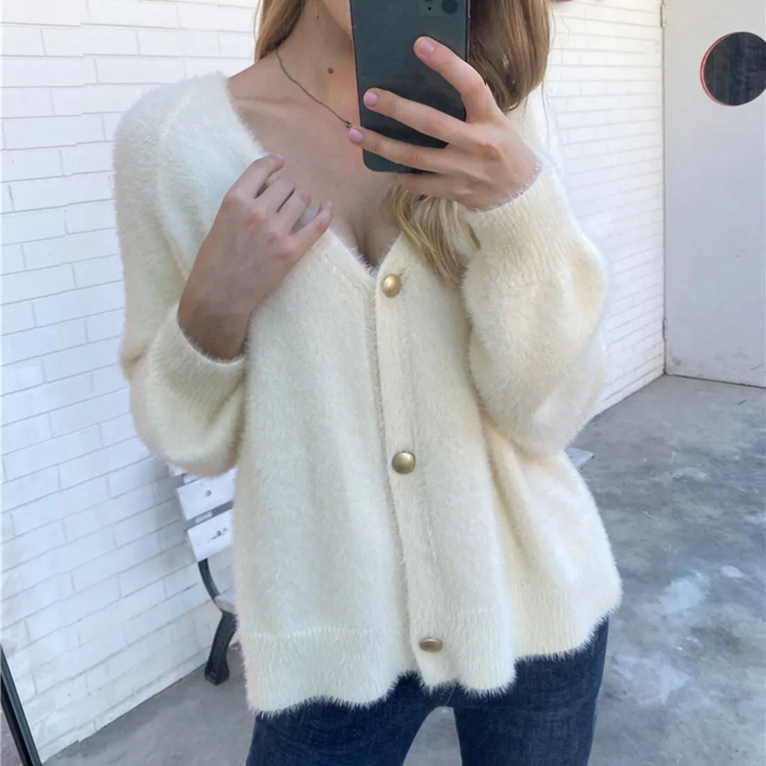 Women Korea Style Knitted Sweater Cardigans Mohair Jacket Long Sleeve Button Jumpers Cardigan Overcoat |